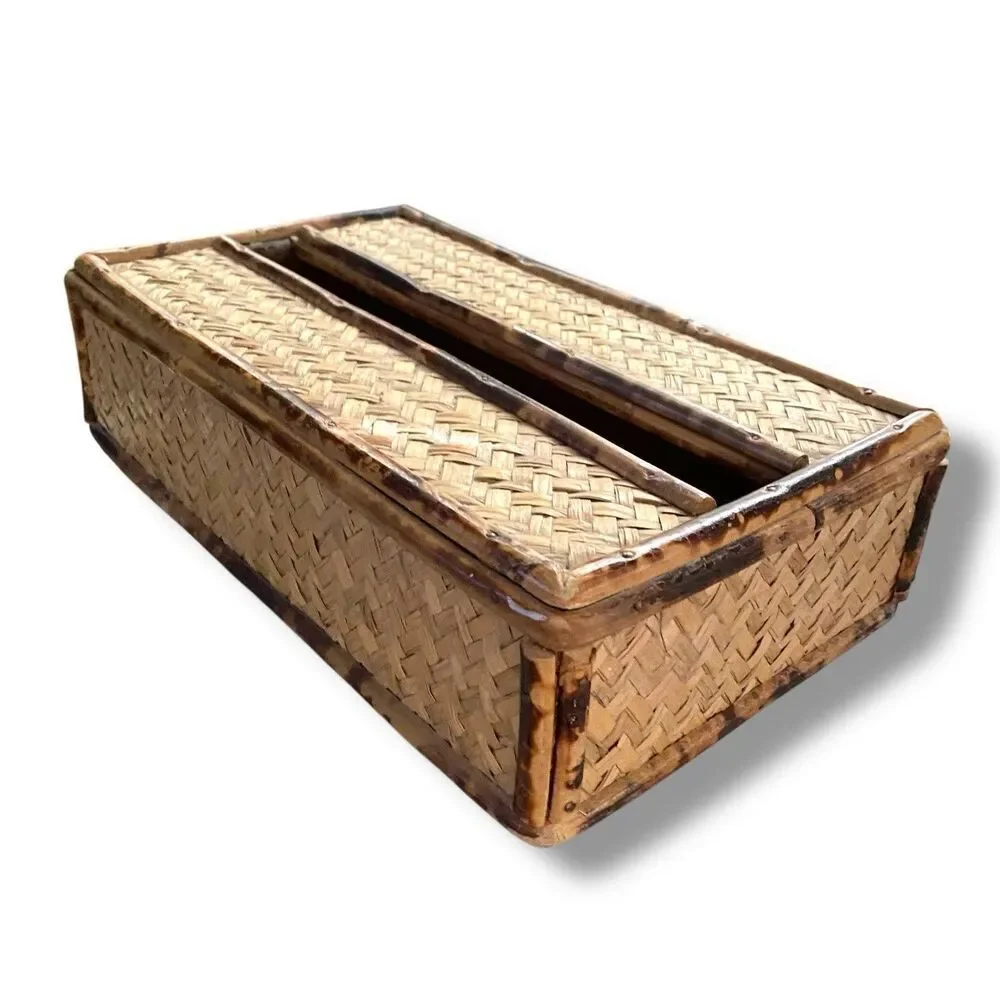 Vintage Bamboo & Rattan Tissue Box Holder Cover Neutral